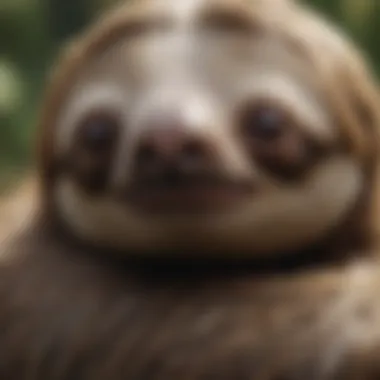 The Gentle Face of a Sloth A close-up of a sloth's face, highlighting its large eyes and peaceful expression.