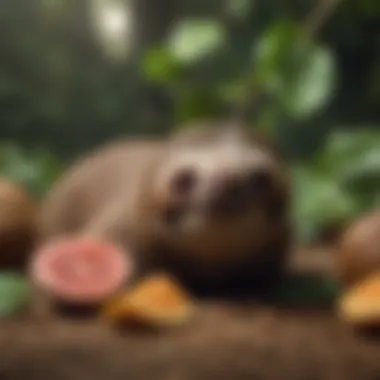 What Sloths Eat An illustration depicting the sloth's diet, featuring leaves and fruits.