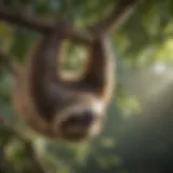 A sloth hanging from a tree branch, showcasing its long claws and unique posture.