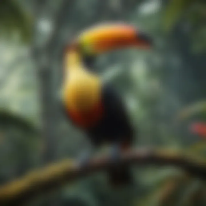 Exotic toucan perched on a branch with its vibrant beak and plumage on display