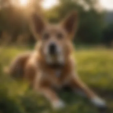 A serene scene of a dog lying in the grass during golden hour