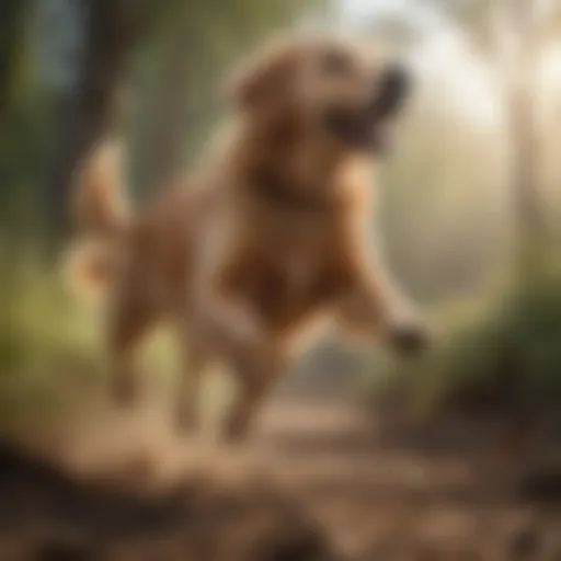 A golden retriever in mid-jump, showcasing agility and excitement