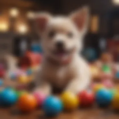 A playful puppy surrounded by colorful toys, radiating joy