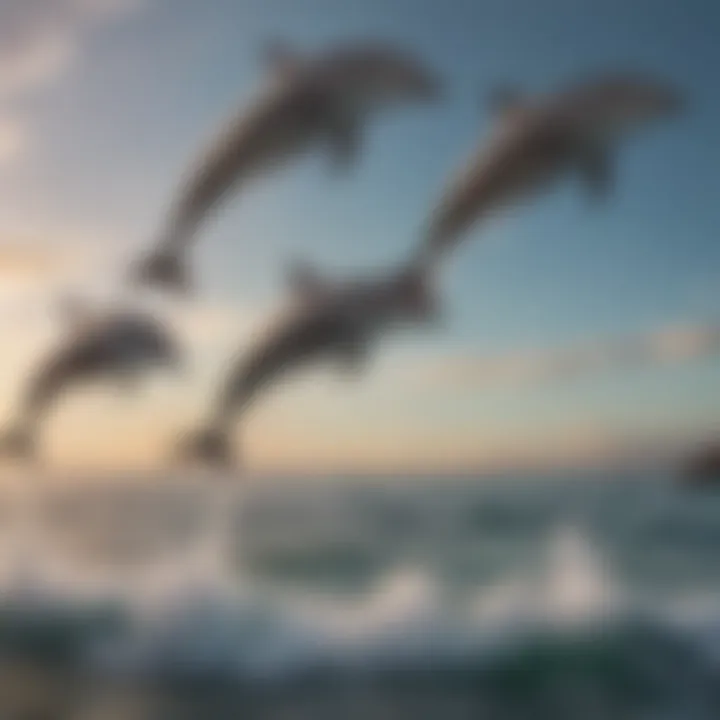 Illustration of a group of playful dolphins leaping in the ocean