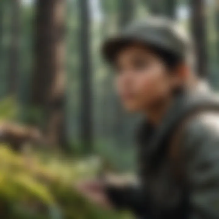 A young explorer observing wildlife in the forest.