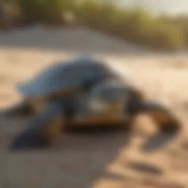 Green sea turtle basking under the sun on a sandy beach