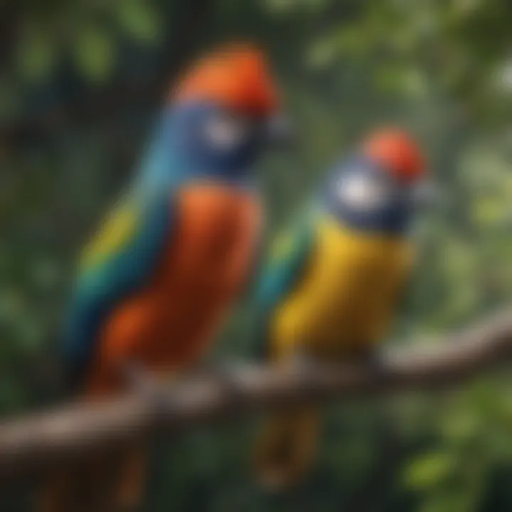 Illustration of a colorful array of exotic birds perched on tree branches