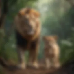 Illustration of a lion and a cub in a lush jungle setting