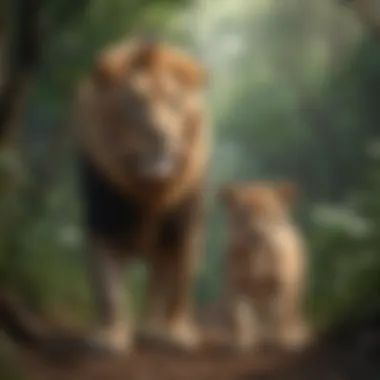 Illustration of a lion and a cub in a lush jungle setting