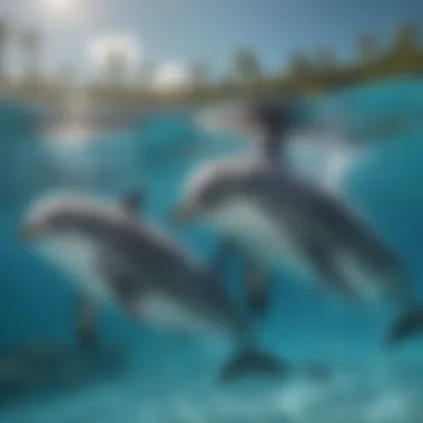 Illustration of a playful group of dolphins swimming in crystal-clear waters