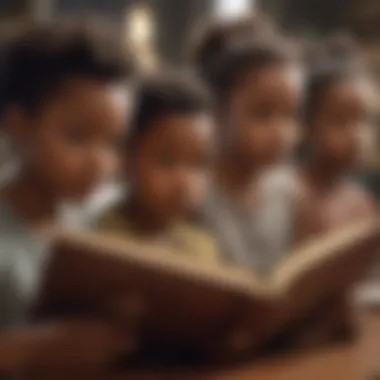 Illustration showing a diverse group of children reading books on Black history with curiosity