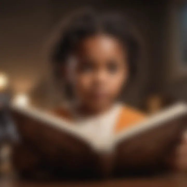 Illustration of a young child engrossed in reading about influential figures in black history