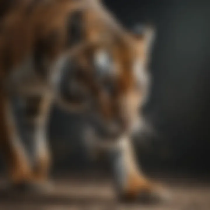 Close-up of tiger's powerful striped hind legs in motion