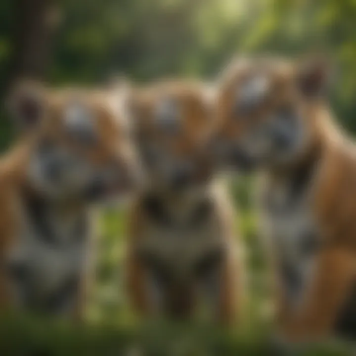 Tiger cubs playfully interacting with each other in lush green surroundings