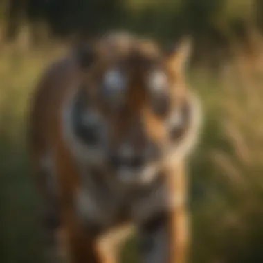 Tiger prowling stealthily through tall grass in golden sunset light