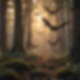 A serene woodland scene showcasing bats flying at dusk