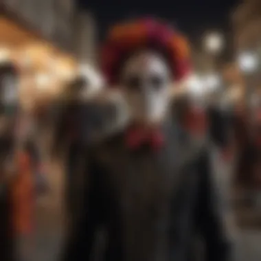 Celebratory procession with elaborately dressed individuals honoring the deceased