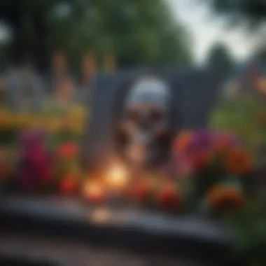 A beautifully decorated grave with candles and flowers for honoring loved ones