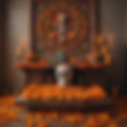 Vibrant altar adorned with marigolds and offerings for Dia de los Muertos