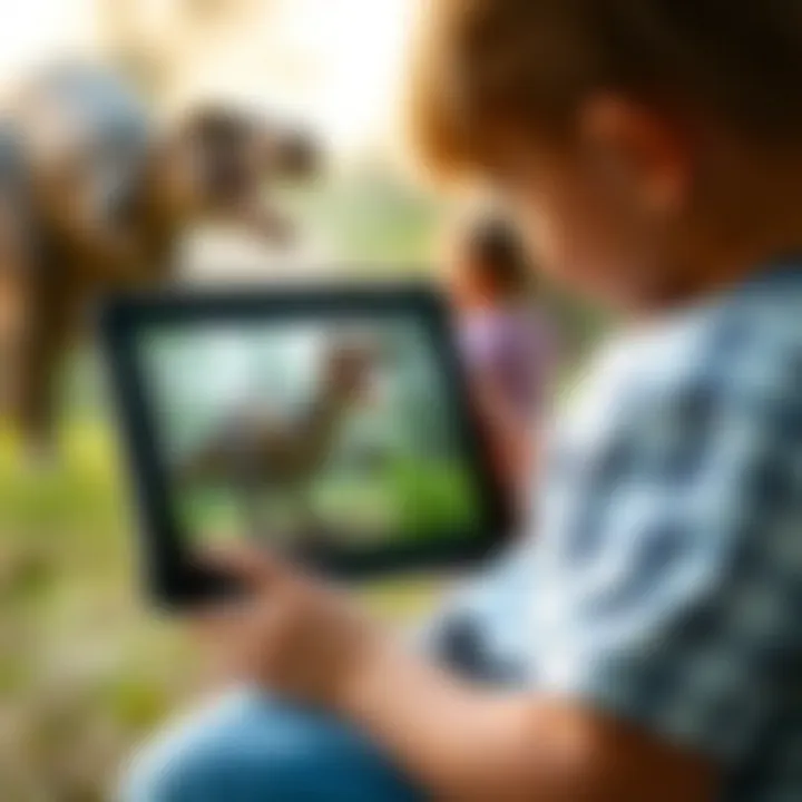 A child engaging with a tablet displaying a dinosaur video