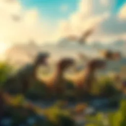 A colorful illustration of various dinosaurs in a prehistoric landscape