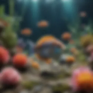 A colorful school of tropical fish swimming among sea anemones.