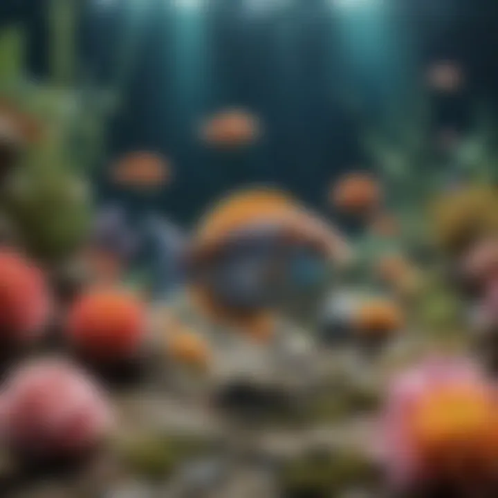 A colorful school of tropical fish swimming among sea anemones.