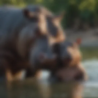 Baby hippo playfully frolicking in the water with its mother nearby