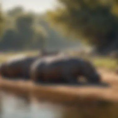 Group of hippos basking under the sun near a lush riverbank