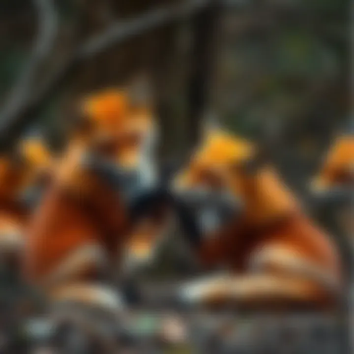 A group of red foxes playing together, showcasing their social behaviors.