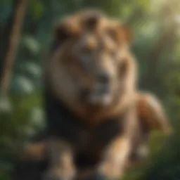 Coloring sheet featuring a majestic lion surrounded by a vibrant jungle setting.