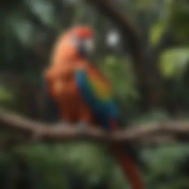 Colorful Parrot on Tropical Branch Coloring sheet showing a colorful parrot perched on a tropical branch.
