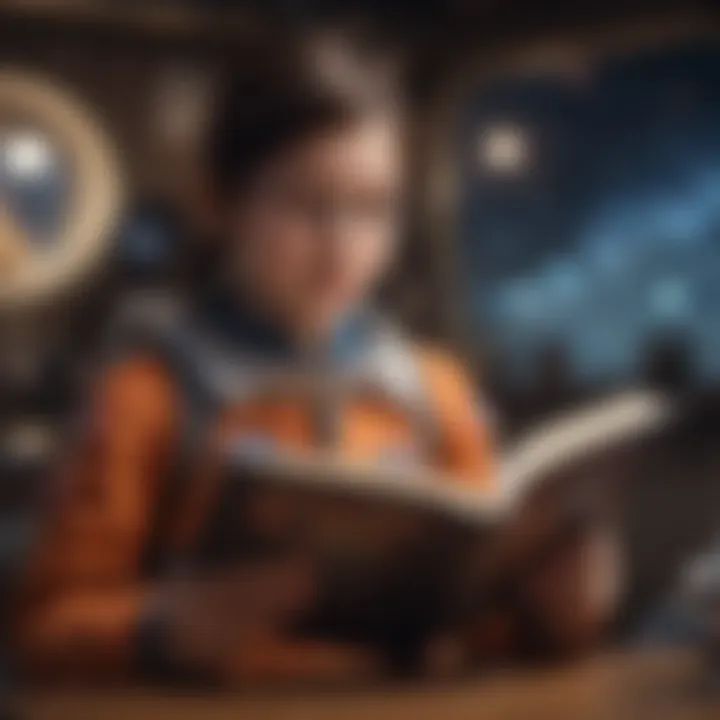 A child reading a nonfiction book about space exploration