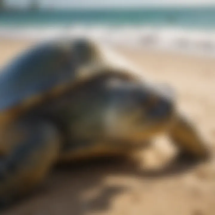 Hawaiian Green Sea Turtle on the Beach A Hawaiian green sea turtle resting on a sandy beach under the sunlight