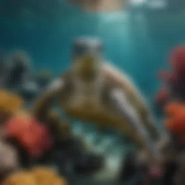 Underwater Scene with Coral Reefs and Green Sea Turtle A vibrant underwater scene showcasing a green sea turtle among colorful coral reefs