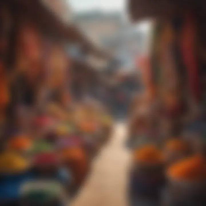 A vibrant market scene in Jaipur, filled with colorful textiles and traditional handicrafts.