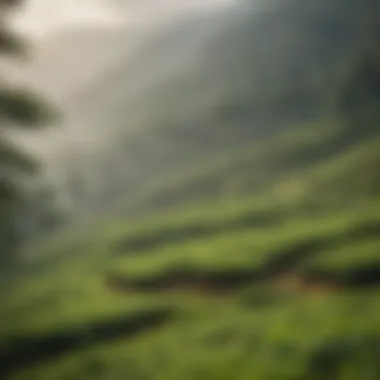 Lush green tea plantations in the backdrop of misty mountains