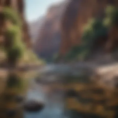 A serene river winding through a canyon filled with diverse wildlife