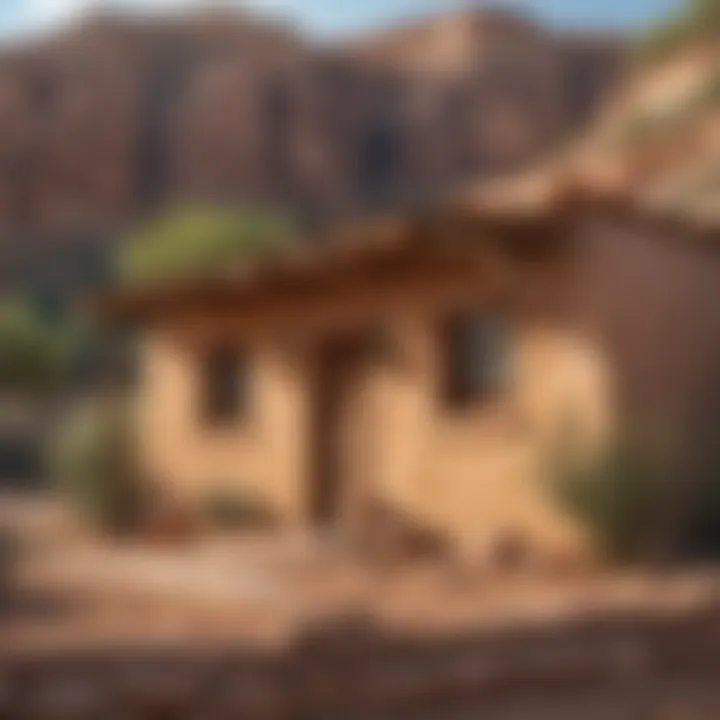 A traditional Southwestern adobe structure surrounded by nature