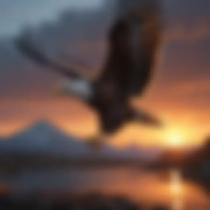 Eagle in flight against dramatic sunset backdrop