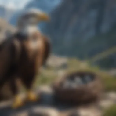 Eagles nesting high in a rugged mountain landscape