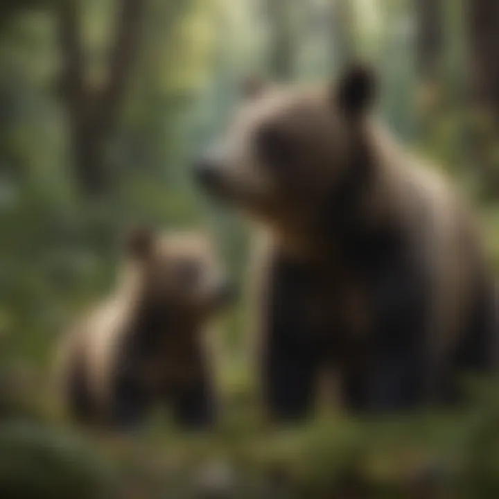 A mother bear and her cub exploring a lush forest