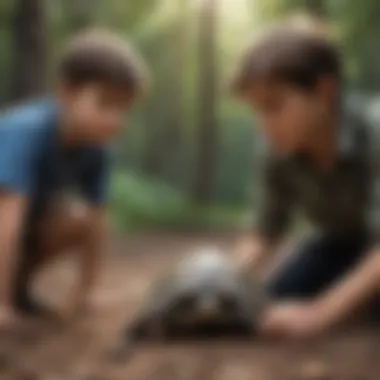 Boy caring for a turtle in a natural habitat