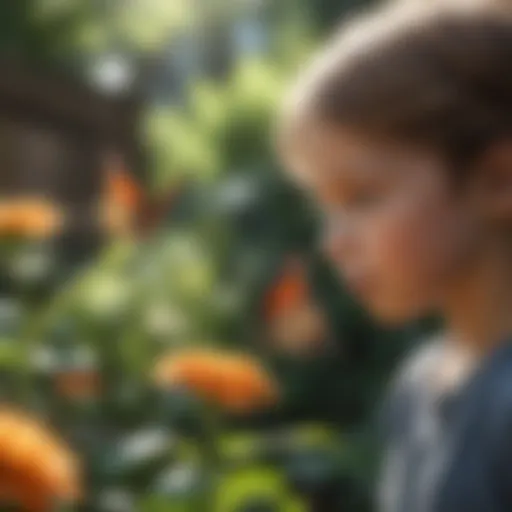 Child observing a butterfly on a flower in the garden