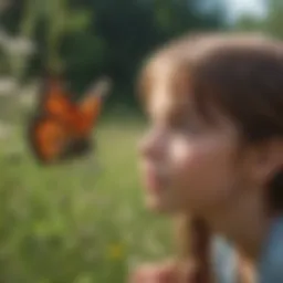 Children observing a butterfly in a meadow