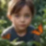 Illustration of a curious child observing a butterfly in a garden