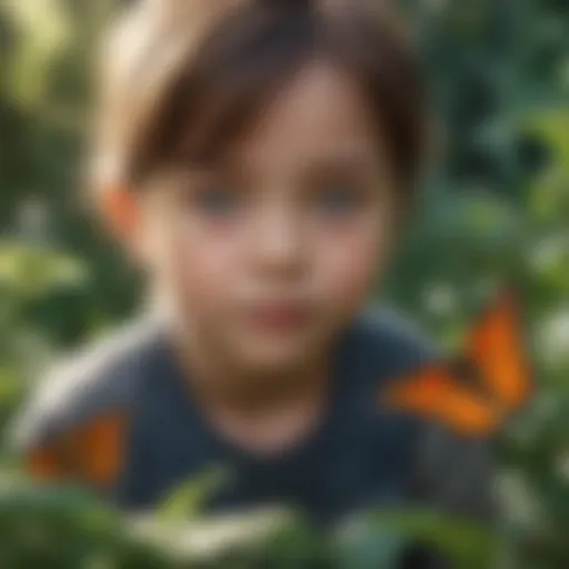 Illustration of a curious child observing a butterfly in a garden