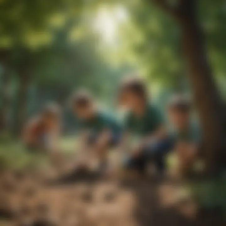 Illustration of diverse group of children planting trees in a park