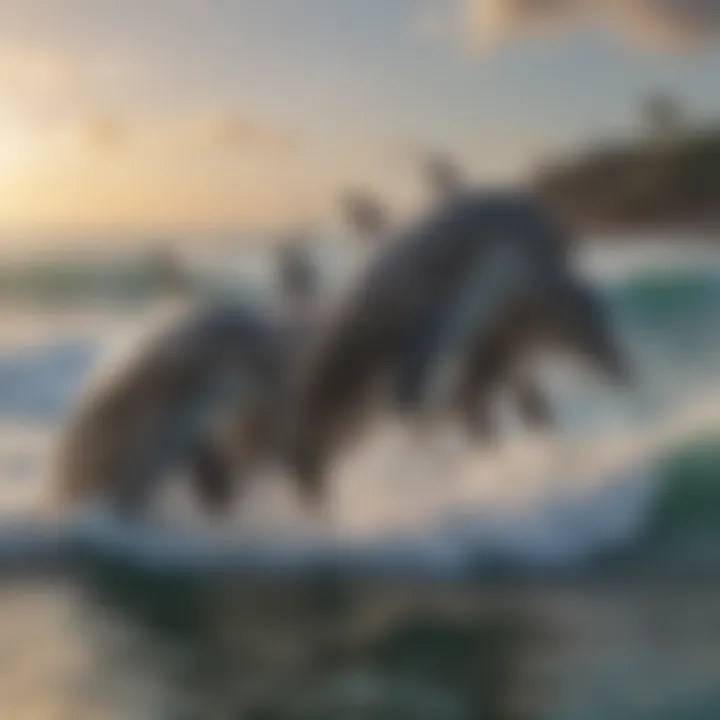 A playful group of dolphins leaping gracefully out of the ocean