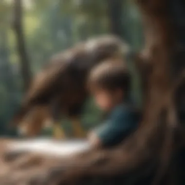 Illustration of a child sketching a majestic eagle perched on a tree branch
